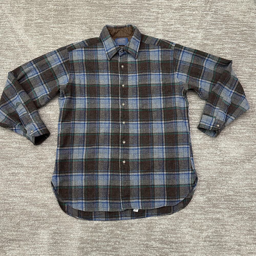 VTG Pendleton Shirt Mens L Brown Blue Plaid Lodge Wool Flannel Long Sleeve USA